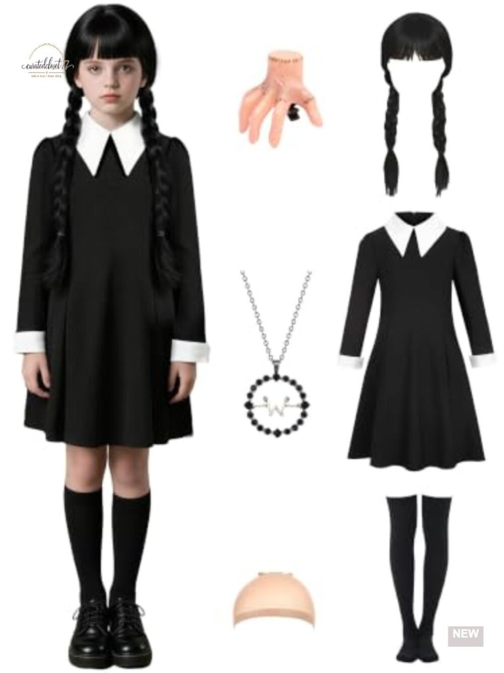 Girls Black Dress Costume Set with Wig Necklace Halloween Dress Up